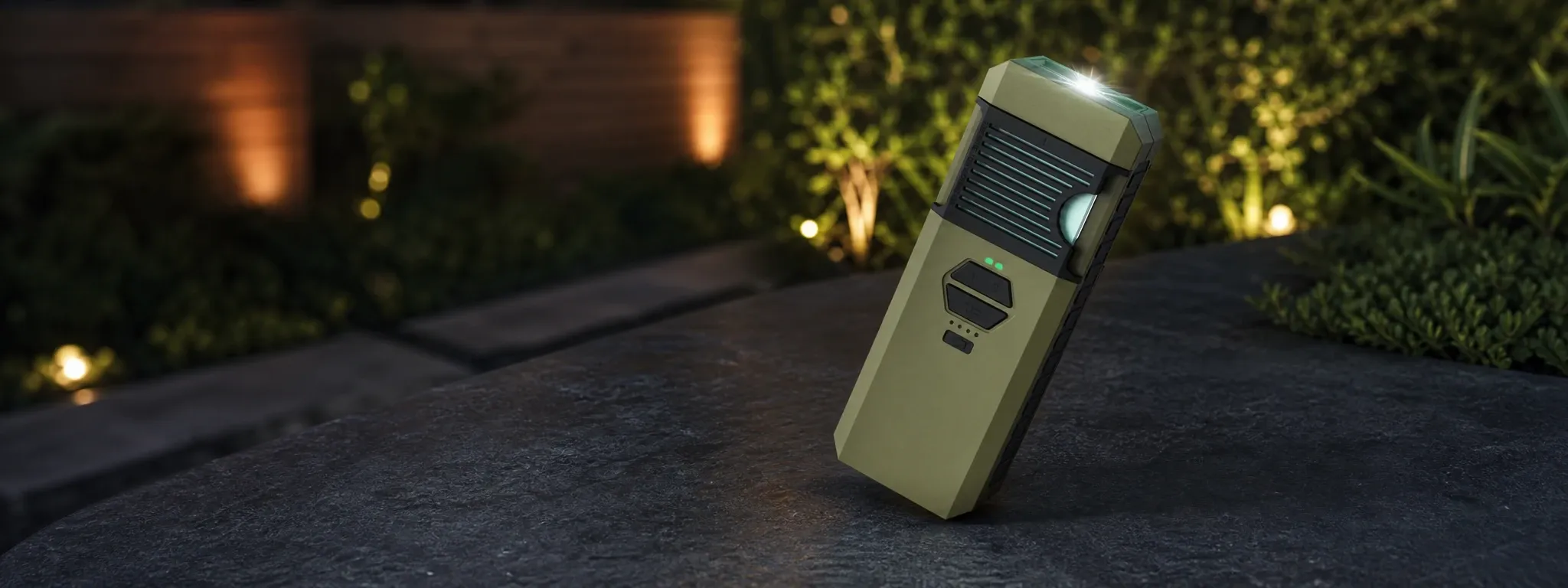Rugged portable outdoor heating device standing on a dark stone camping table at dusk, with a glowing top light and warm garden lighting in the background.